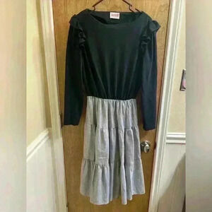 Jerell of Texas Vintage Long Ruffle Sleeve Fit & Flare Dress Black w/ Stripes